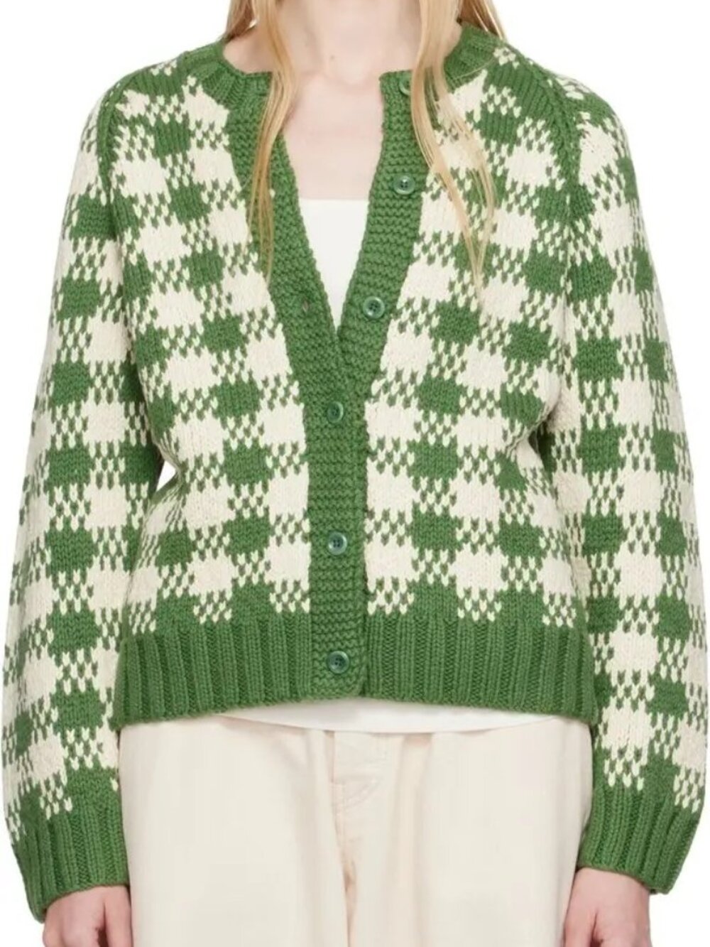 YMC green and ecru check cotton atomic cardigan